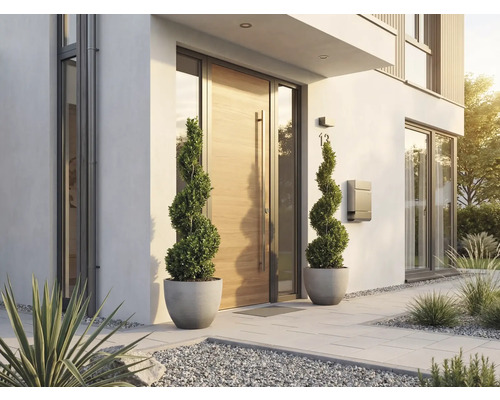 Modern husentré med en ljus ytterdörr i trä, två spiralformade buxbomar i krukor, en brevlåda och grå markplattor.