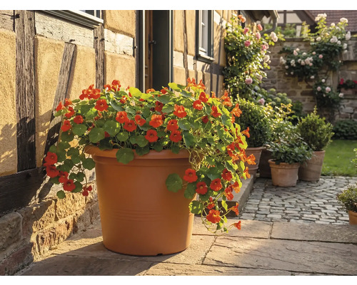 Stor rund planteringskruka i terrakottafärg med orangeblommande krasse på en stenterrass framför ett korsvirkeshus.