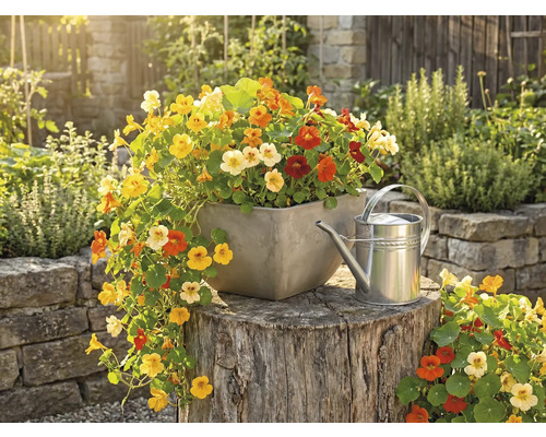 Färgglad krasse i en kvadratisk planteringskärl på en stubbe bredvid en vattenkanna i metall i en ljus trädgård.