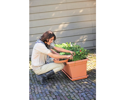 En kvinna skördar örter och grönsaker från en rektangulär, terrakottafärgad planteringslåda på en stenlagd uteplats.