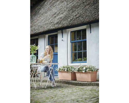 Trädgård framför ett hus med halmtak, vita väggar, blå fönsterkarmar, stora terrakottafärgade blomlådor och en kvinna vid ett bistrobord.