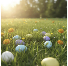 Färgglada påskägg utspridda på en solig grön äng med små blommor.