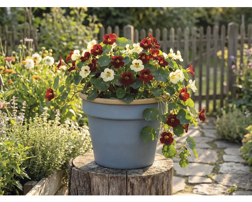 Krasse i mörkrött och crème blommande i en grå blomkruka på en trädstubbe i en ljus trädgård med ett trästaket.