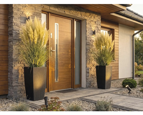 Modern husentré med trädörr, stenbeklädnad och två höga blomkrukor i rottinglook med pampasgräs.