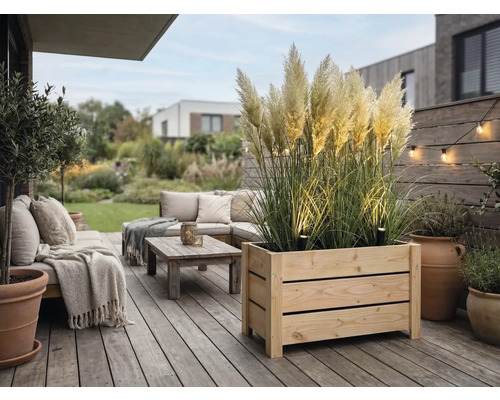 Modern träterrass med stor planteringslåda med pampasgräs, loungemöbler med kuddar, soffbord och stämningsfull utomhusbelysning.