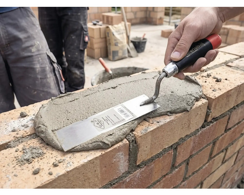 En hand stryker ut murbruk på en tegelvägg med en murarslev på en byggarbetsplats.