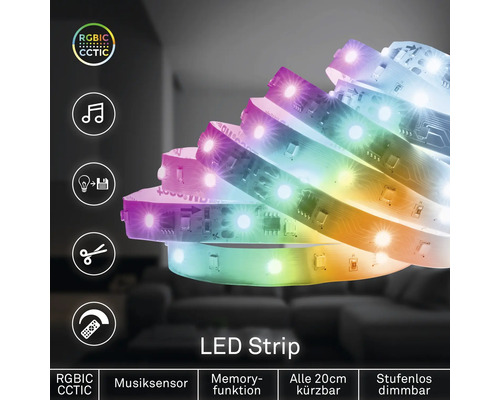 LED-list RGBIC CCT med musiksensor, minnesfunktion, kan kortas var 20:e centimeter och steglöst dimbar.