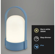 Blå bärbar LED-bordslampa för utomhusbruk, handtag, varmvitt ljus 3000 Kelvin, stegdimmer och stänkskyddad kapslingsklass IP44.