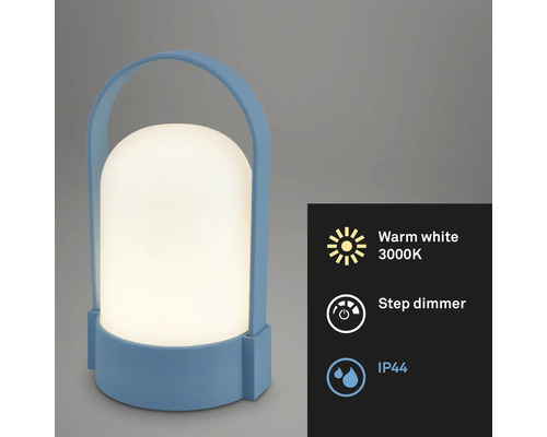 Blå bärbar LED-bordslampa för utomhusbruk, handtag, varmvitt ljus 3000 Kelvin, stegdimmer och stänkskyddad kapslingsklass IP44.