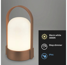 Bärbar kopparfärgad LED-bordslampa med handtag, varmvitt ljus 3000 Kelvin, stegdimmer, kapslingsklass IP44.