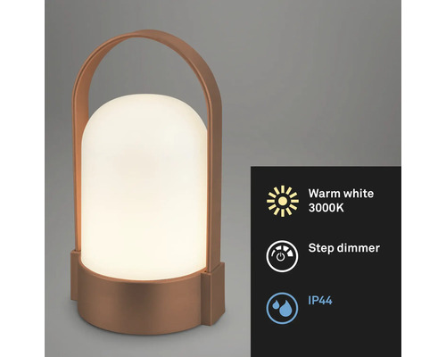 Bärbar kopparfärgad LED-bordslampa med handtag, varmvitt ljus 3000 Kelvin, stegdimmer, kapslingsklass IP44.
