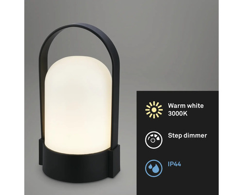 Bärbar utomhuslampa med handtag, varmvitt ljus 3000 Kelvin, stegvis dimmer och skyddsklass IP44.