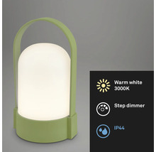 Bärbar LED-bordslampa med handtag, varmvitt ljus 3000 Kelvin, stegdimmer och kapslingsklass IP44.