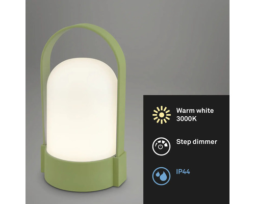 Bärbar LED-bordslampa med handtag, varmvitt ljus 3000 Kelvin, stegdimmer och kapslingsklass IP44.