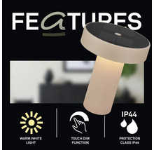 Solcellsdriven LED-bordslampa med varmvitt ljus, touch-dimmerfunktion och skyddsklass IP44.