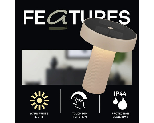 Solcellsdriven LED-bordslampa med varmvitt ljus, touch-dimmerfunktion och skyddsklass IP44.