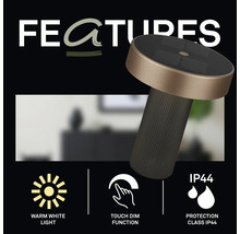 Bordslampa med funktioner: varmvitt ljus, touch-dimfunktion och kapslingsklass IP44.