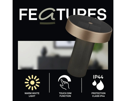 Bordslampa med funktioner: varmvitt ljus, touch-dimfunktion och kapslingsklass IP44.