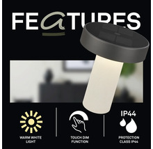 Svampformad lampa med varmvitt ljus, touch-dimningsfunktion och kapslingsklass IP44.