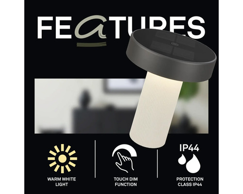 Svampformad lampa med varmvitt ljus, touch-dimningsfunktion och kapslingsklass IP44.