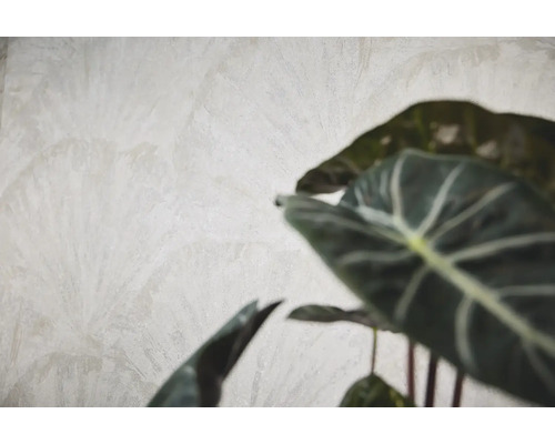 Strukturerad non-woven tapet med diskret palmbladsmönster i beige och krukväxt i förgrunden.