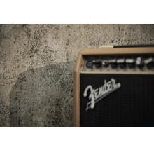 Fender Logo på en gitarrförstärkare framför en vägg med betongstruktur.