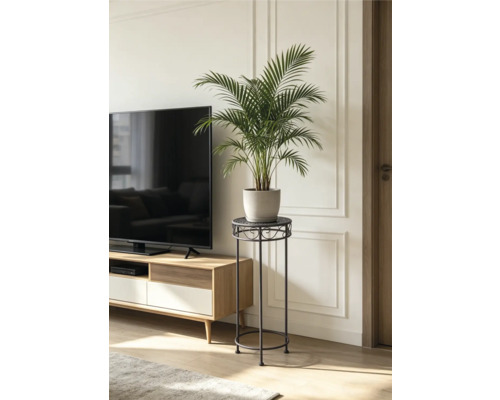 Högt blomställ i metall med en palm i kruka bredvid en tv-bänk i ett ljust vardagsrum.
