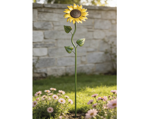 Trädgårdsdekoration solros i metall i en blomrabatt med rosa blommor framför en stenmur.