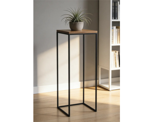 Modernt växtställ med svart metallram och träskiva, med en krukväxt i ett ljust rum med bokhylla.