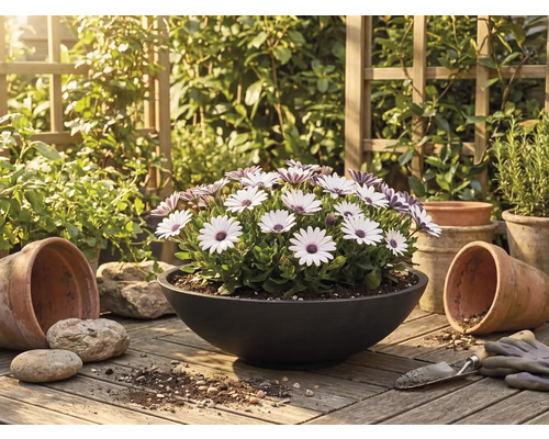 Vita och lila Osteospermum-blommor i svart planteringsskål på träyta med terrakottakrukor och trädgårdsredskap i en ljus trädgård.