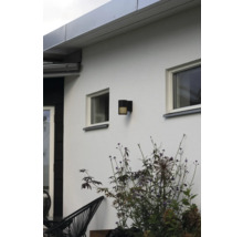 Modern svart cylindrisk utomhusvägglampa med vertikala ljuslameller på en vit husvägg mellan fönster och växter.