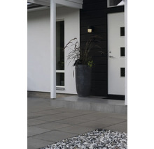 Modern entré med vit ytterdörr, mörk väggpanel, stor grå blomkruka med prydnadsgräs och grå markplattor.