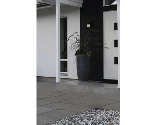 Modern entré med vit ytterdörr, mörk väggpanel, stor grå blomkruka med prydnadsgräs och grå markplattor.