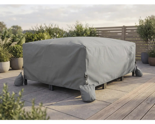 Väderbeständigt överdrag för utemöbler på en ljus uteplats, säkrad med sandsäckar i hörnen.