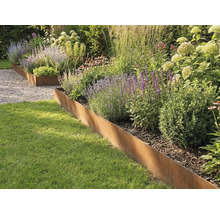 Rabattkant i cortenstål som skiljer gräsmattan från en planterad rabatt med gräs och perenner.