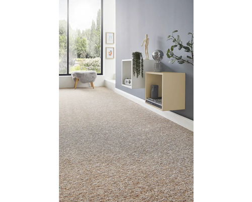 Ljust vardagsrum med texturerad beige heltäckningsmatta, grå vägg, vägghyllor och stort fönsterparti.