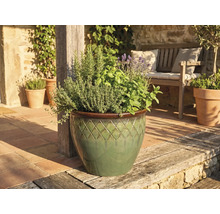 Keramikruka med rutmönster, planterad med örter och lavendel, placerad på en ljus terrass bredvid en träbänk.