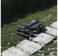 Segway Navimow robotgräsklippare kör över stenplattor i en grönskande trädgård.