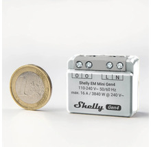 Shelly EM Mini Gen4 Smart Home relä för energimätning bredvid ett 1 euromynt för storleksjämförelse.