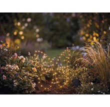 Belyst solcells-LED-trädgårdsdekoration i form av en fjäril av tråd i en blomrabatt vid skymning.