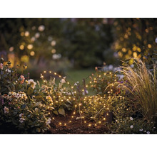 LED-trädgårdsdekoration i form av en fjäril med varmvita lampor i en blomrabatt.