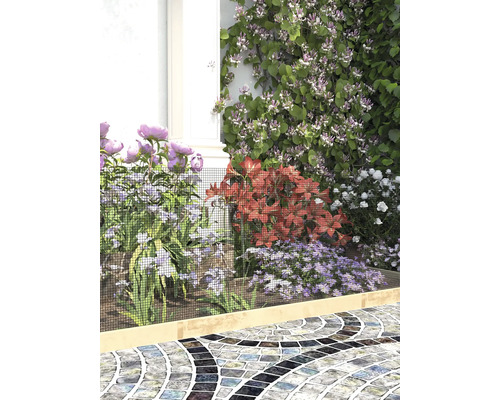 Ett finmaskigt svart trädgårdsnät skyddar en blomrabatt med pioner, liljor och astrar bredvid en stenlagd gång.