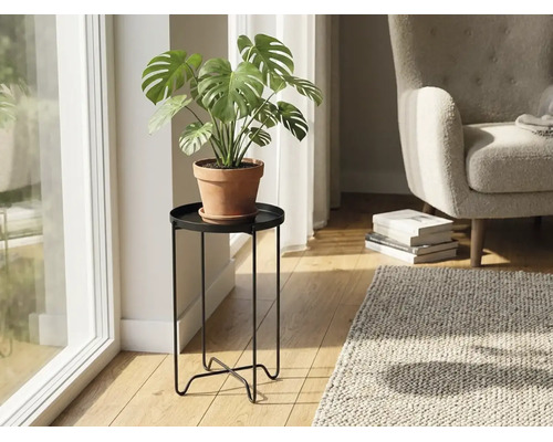 Svart växtställ i metall i ett ljust vardagsrum med en Monstera-växt i en lerkruka.