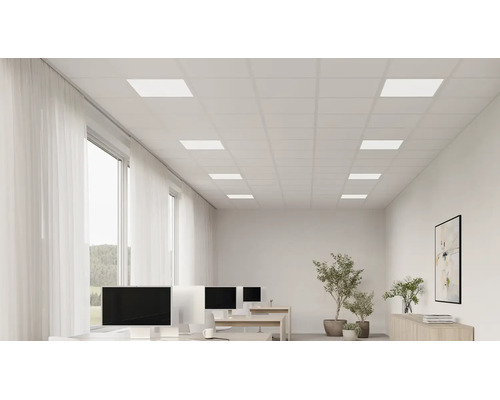 Ljust kontorsrum med akustiskt undertak, integrerade rektangulära LED-paneler och arbetsplatser.