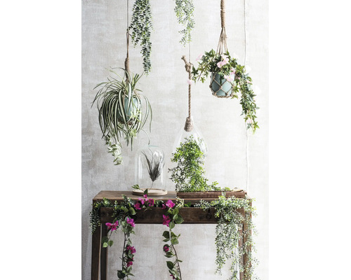 Dekorativa konstgjorda hängväxter, terrarier och blomrankor på ett konsolbord i trä.