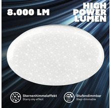 Rund LED-taklampa med 8.000 lumen, stjärnhimmelseffekt och stegvis dimbar funktion.