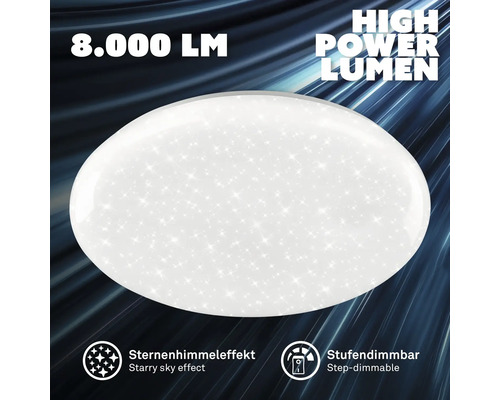 Rund LED-taklampa med 8.000 lumen, stjärnhimmelseffekt och stegvis dimbar funktion.