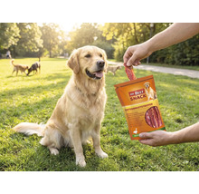 En Golden retriever som sitter på en gräsmatta matas med en ankbröststrimla från Mr. Beef Snack ur förpackningen.
