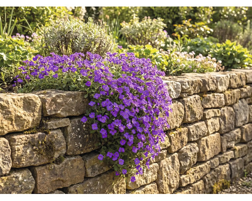 Aubrietia med lila blommor som växer kaskadartat över en mur av natursten i en trädgård.