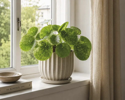 Parasollplant Pilea peperomioides i en räfflad keramikkruka på en ljus fönsterbräda bredvid en gardin.